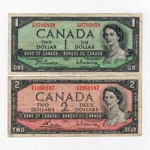 1954 Canada One 1 and Two 2 Dollar Banknote Bills Queen Elizabeth II